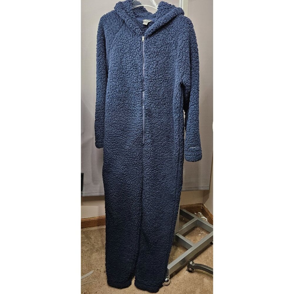 Women Eddie Bauer One Piece Union Suit Pajamas S Blue Hooded Teddy Bear Zipper